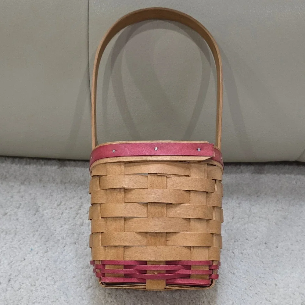 Vintage Workshops of Gerald E Henn Handwoven Wood Basket Red Trim Small Accent